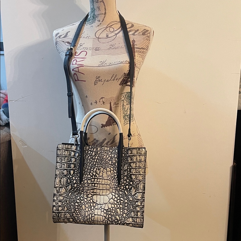 Sondra Roberts Black and White Croc-Embossed Satchel